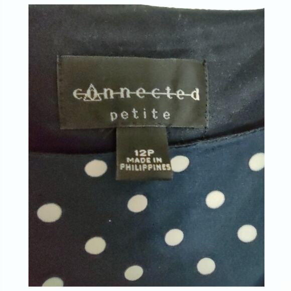 CONNECTED Petite Navy Polka Dot Dress Size 12 Cap Sleeves Stretch Knit Pleated - Picture 10 of 11